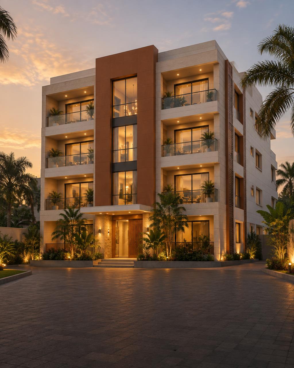Modern apartment exterior at golden hour